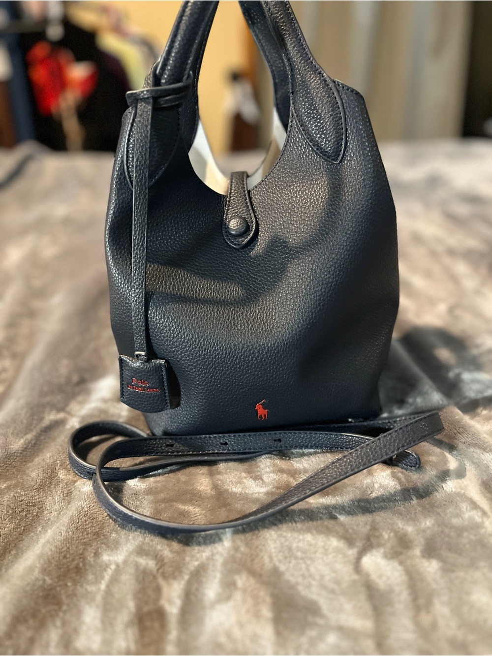 Ralph Lauren navy blue Pebbled Leather Tote with Small Red Pony - Picture 6 of 6